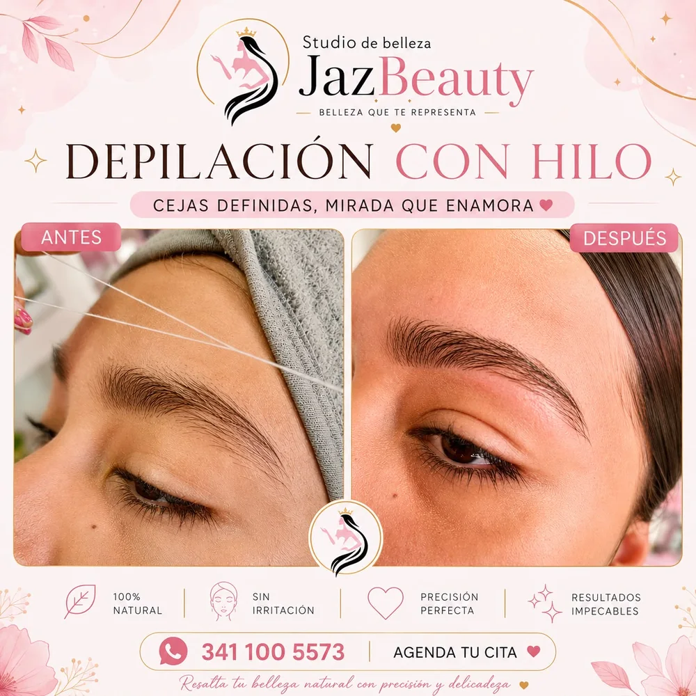 Flyer de depilación con hilo con foto del antes y después de unas cejas