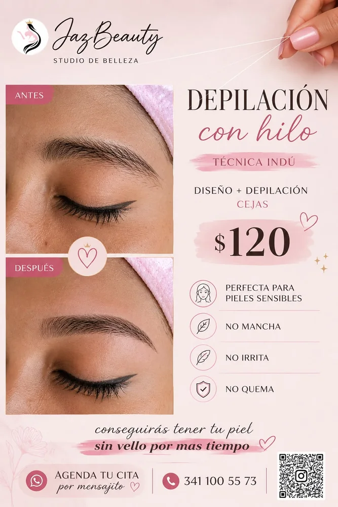 Flyer de depilación con hilo, técnica indú: diseño más depilación de cejas, perfecta para pieles sensibles, no mancha, no irrita, no quema